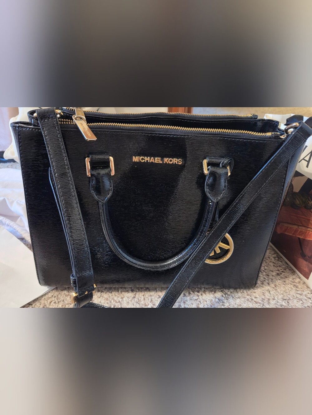 Michael Kors Black Patent Satchel with Gold Hardware